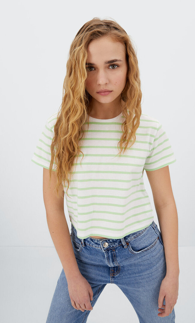 Stradivarius Striped Cropped T-Shirt Aquamarine M