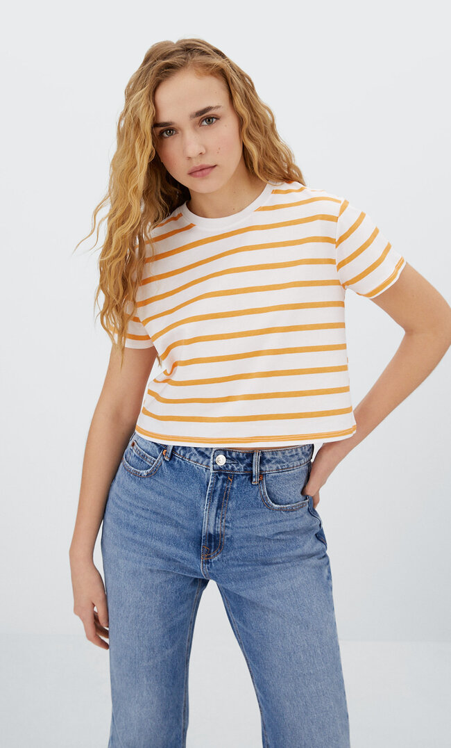 Stradivarius Gestreiftes Cropped-Shirt Mandarinenfarben M