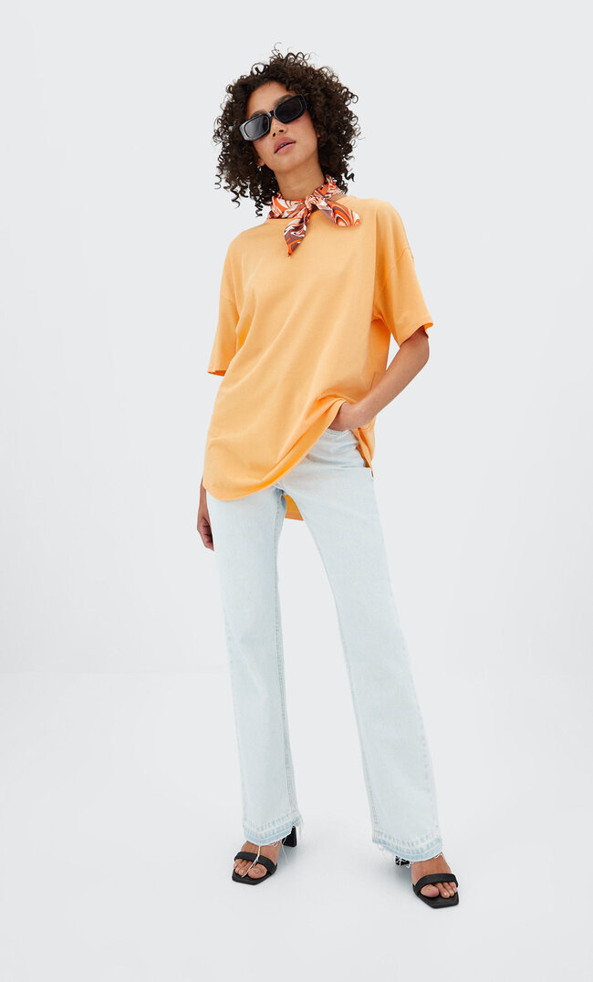 Stradivarius Langes Basic-Shirt Mandarinenfarben Xs