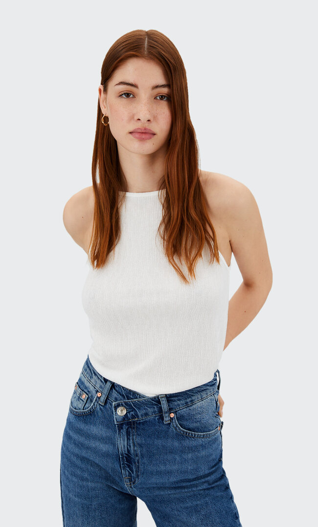 Stradivarius Top Z Dekoltem Halter Ecru Xs