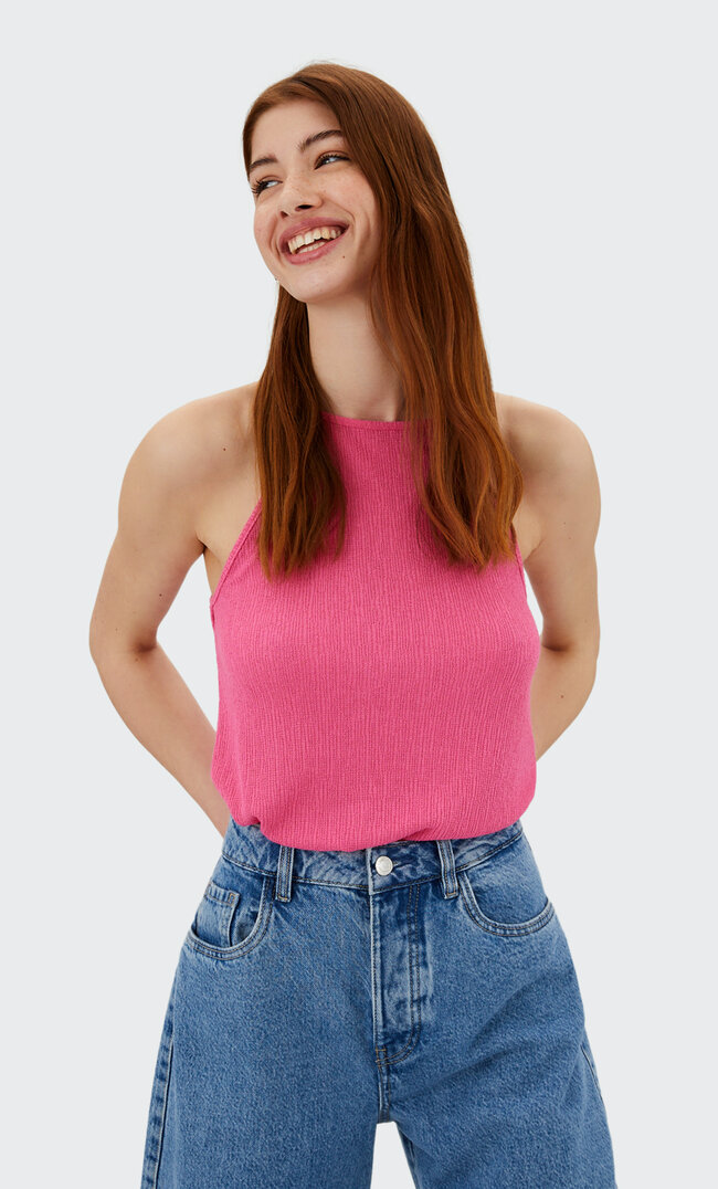 Stradivarius Top Z Dekoltem Halter Neonowy Róż L