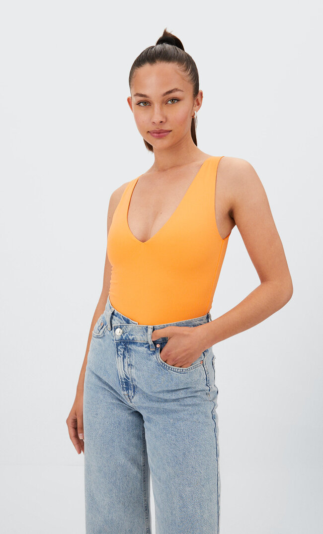 Stradivarius V-Neck Polyamide Bodysuit Mandarin Orange M