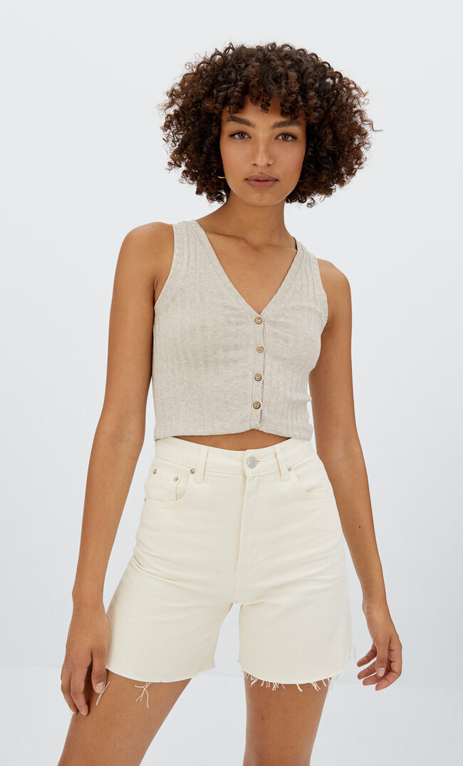 Stradivarius Top W Rustykalnym Stylu Na Guziki Szary L