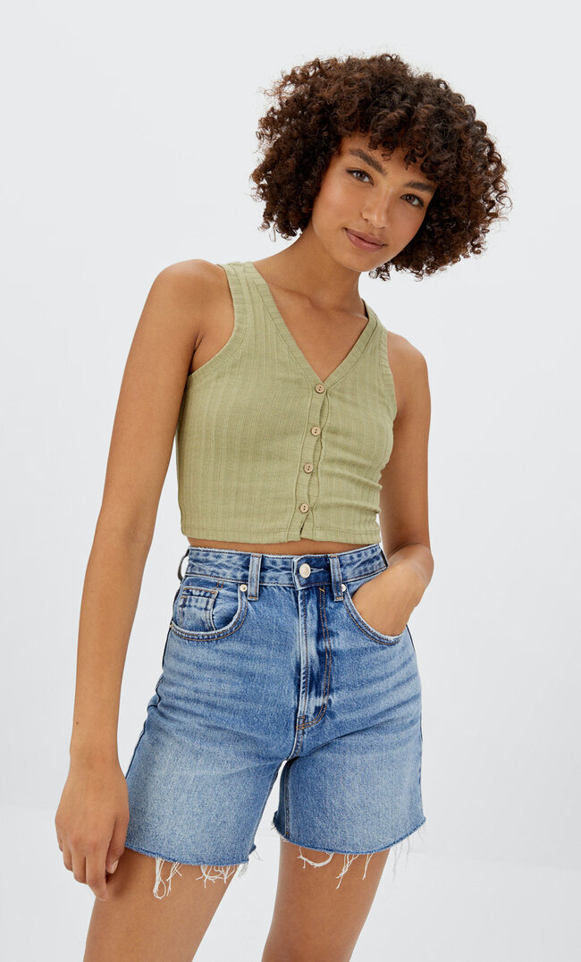 Stradivarius Rustikales Top Mit Knöpfen Khaki S