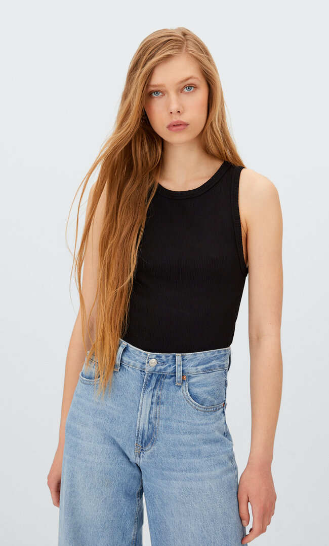 Stradivarius Doppelpack Nahtlose Racer-Shirts Schwarz Xs