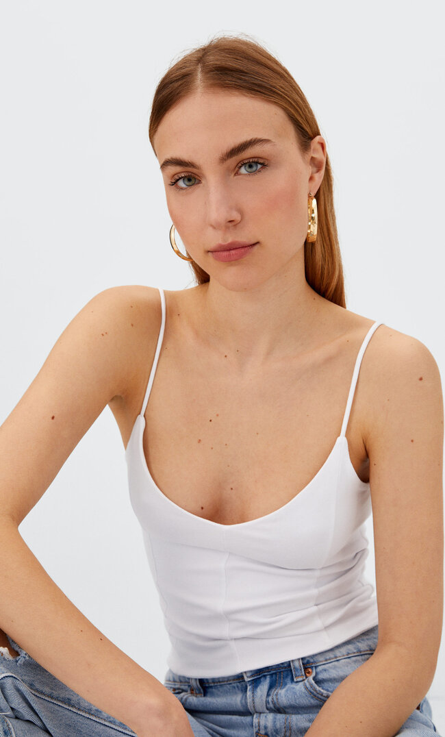 Stradivarius Top Z Ozdobnymi Przeszyciami Biały M