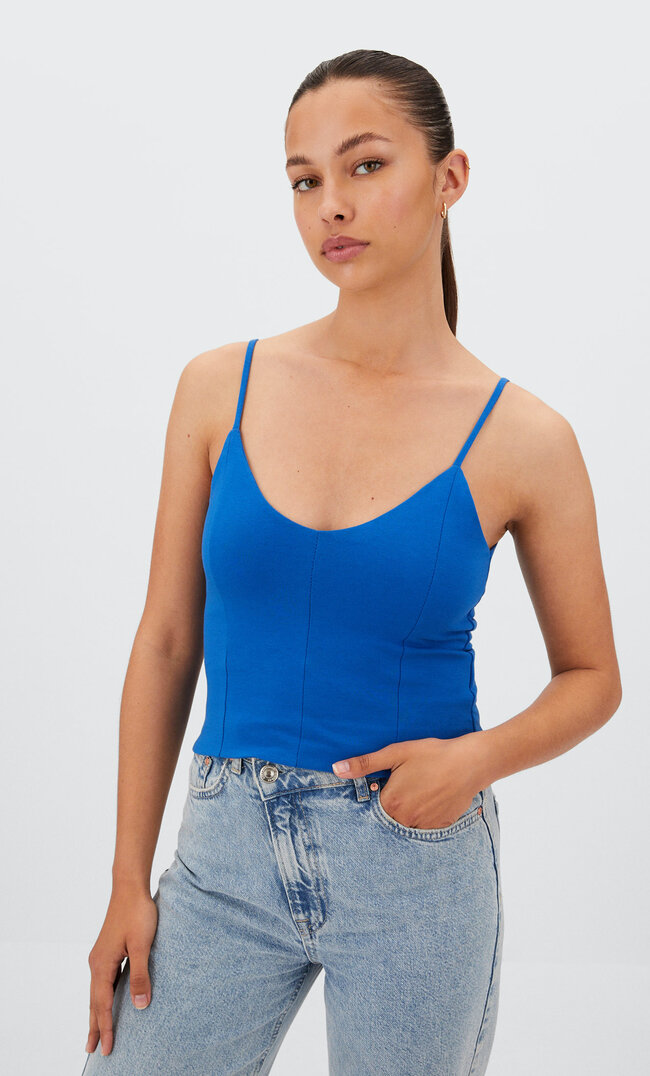 Stradivarius Top De Alças Com Pormenor De Costuras Azul Elétrico Xs