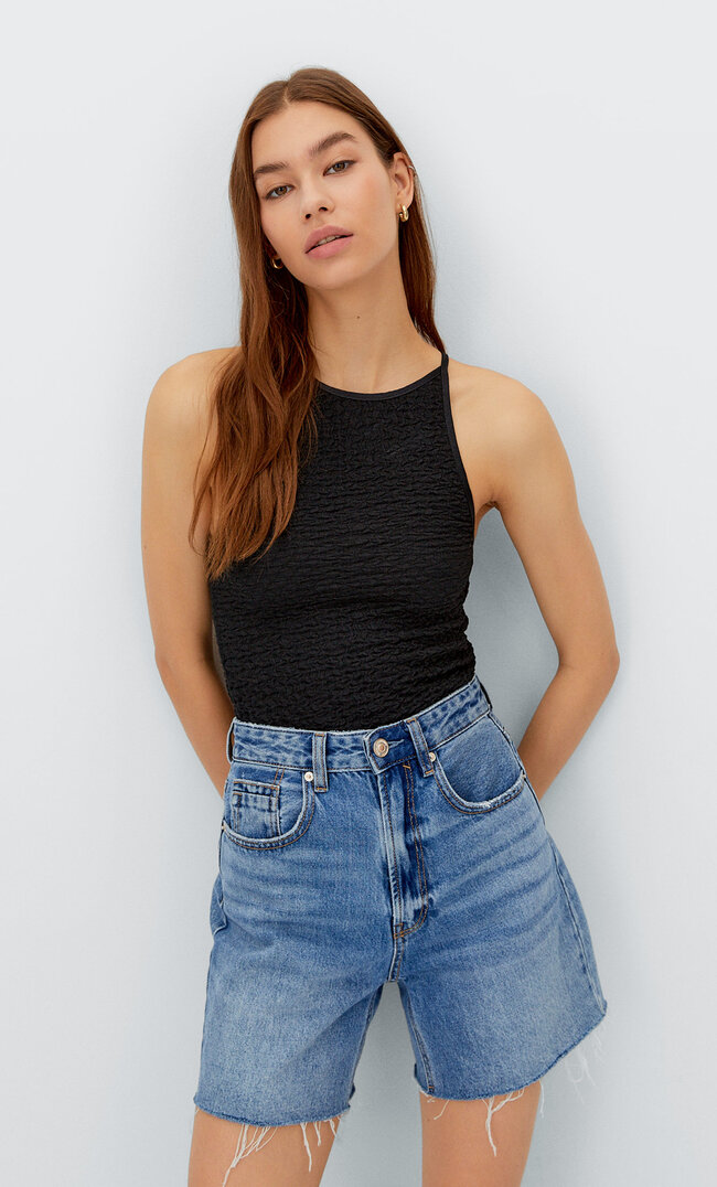 Stradivarius Racer-Neck Top Black Xs