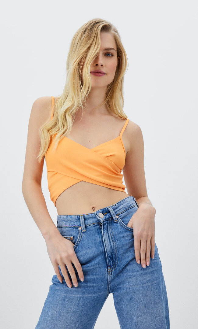 Stradivarius Strappy Wrap Top Mandarin Orange L