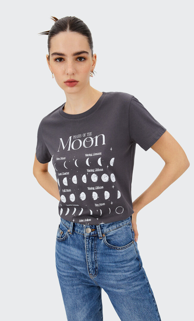 Stradivarius Shirt Mit Mondmotiv Graumeliert L