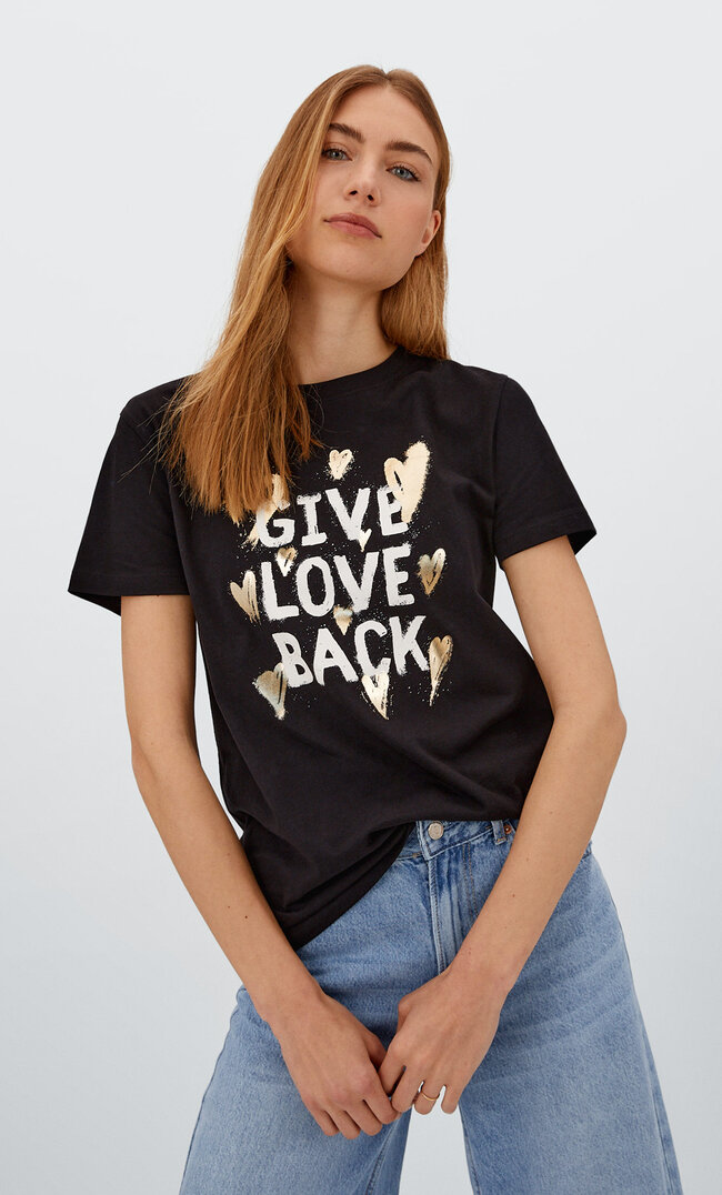 Stradivarius Shirt Mit Folienprint Schwarz M