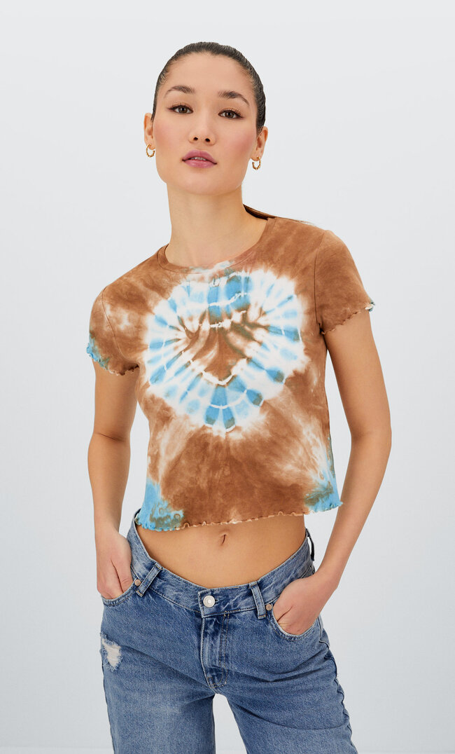 Stradivarius Fitted Printed T-Shirt Brown Xs