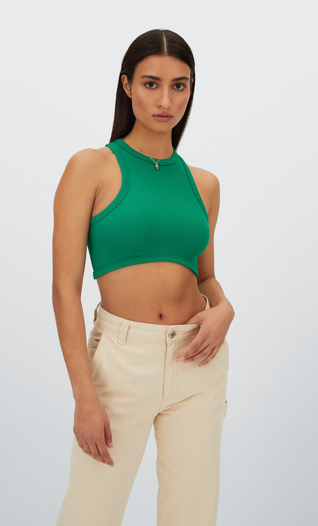 Stradivarius Seamless Top With Curved Front Hem Green L
