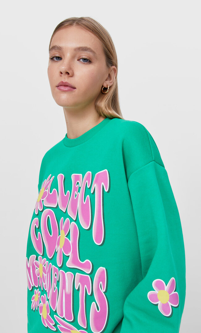 Stradivarius Retro Print Sweatshirt Green S