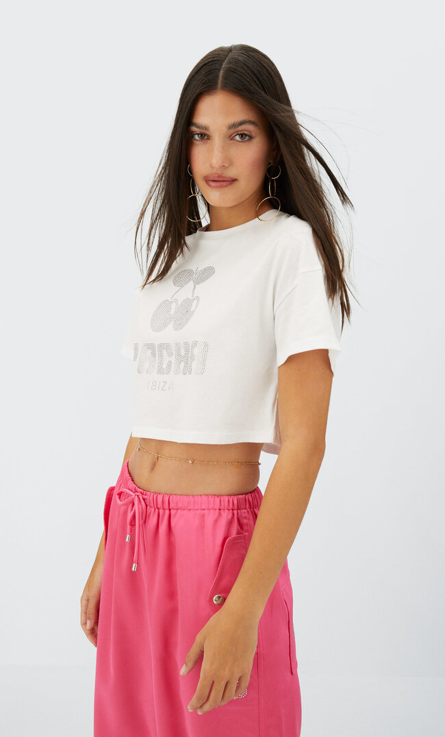 Stradivarius Cropped Pacha T-Shirt White L