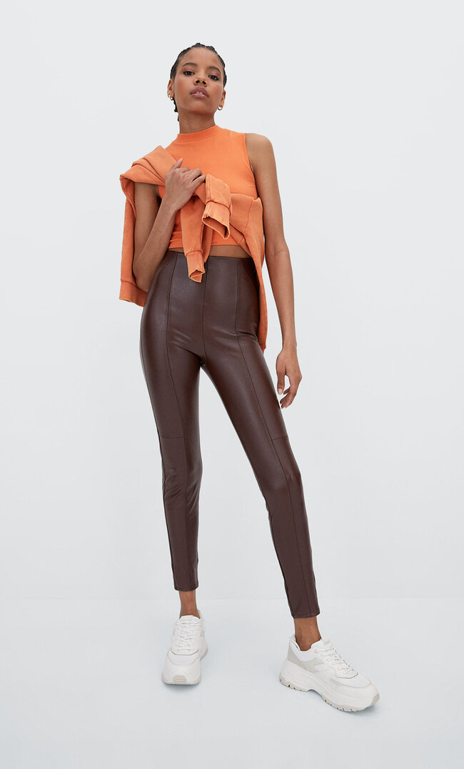 Stradivarius Leggings En Similicuir Marron 34