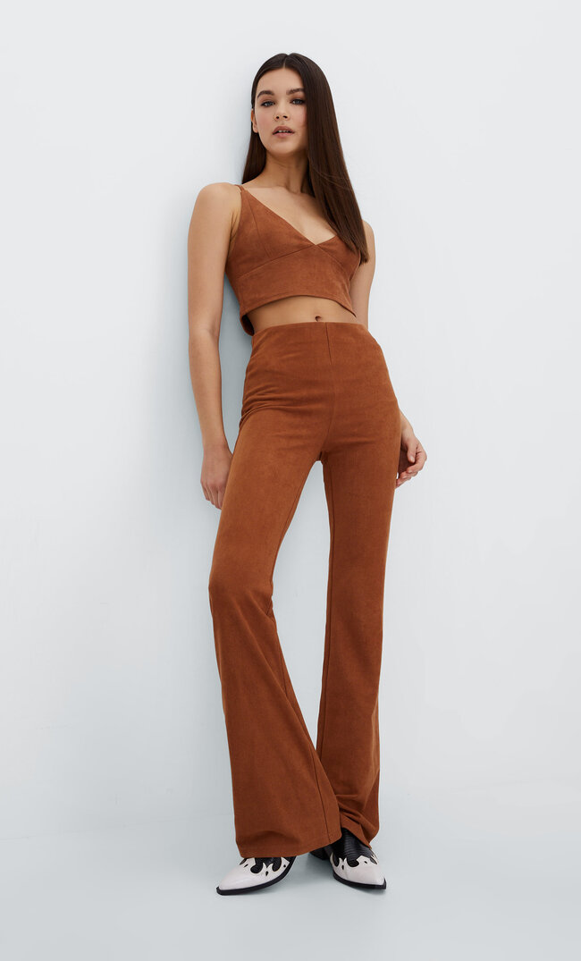 Stradivarius Soft-Touch Flared Trousers Pale Camel M
