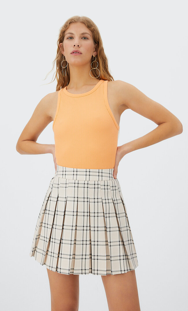 Stradivarius Checked Box Pleat Skirt Stone S