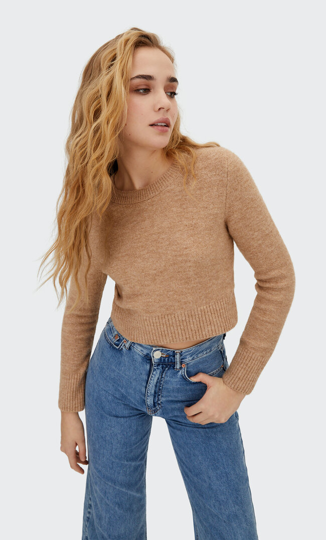 Stradivarius Pull Crop Feutré Beige Mélangé Xl