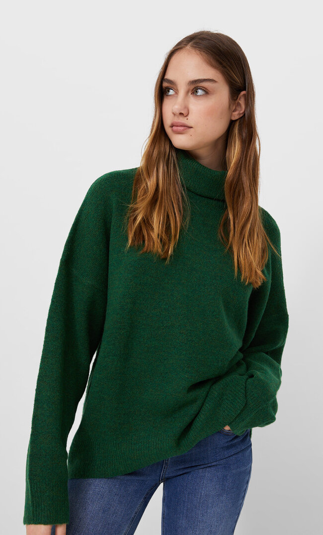 Stradivarius Basic Turtleneck Sweater Bottle Green S