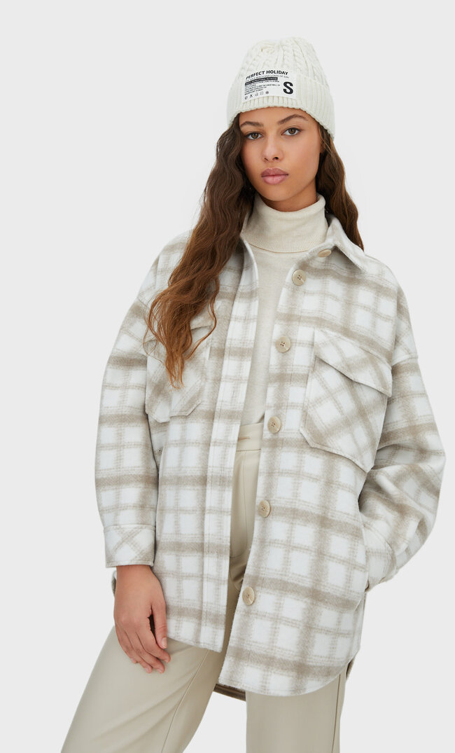 Stradivarius Hemdjacke Mit Karomuster Ecru S
