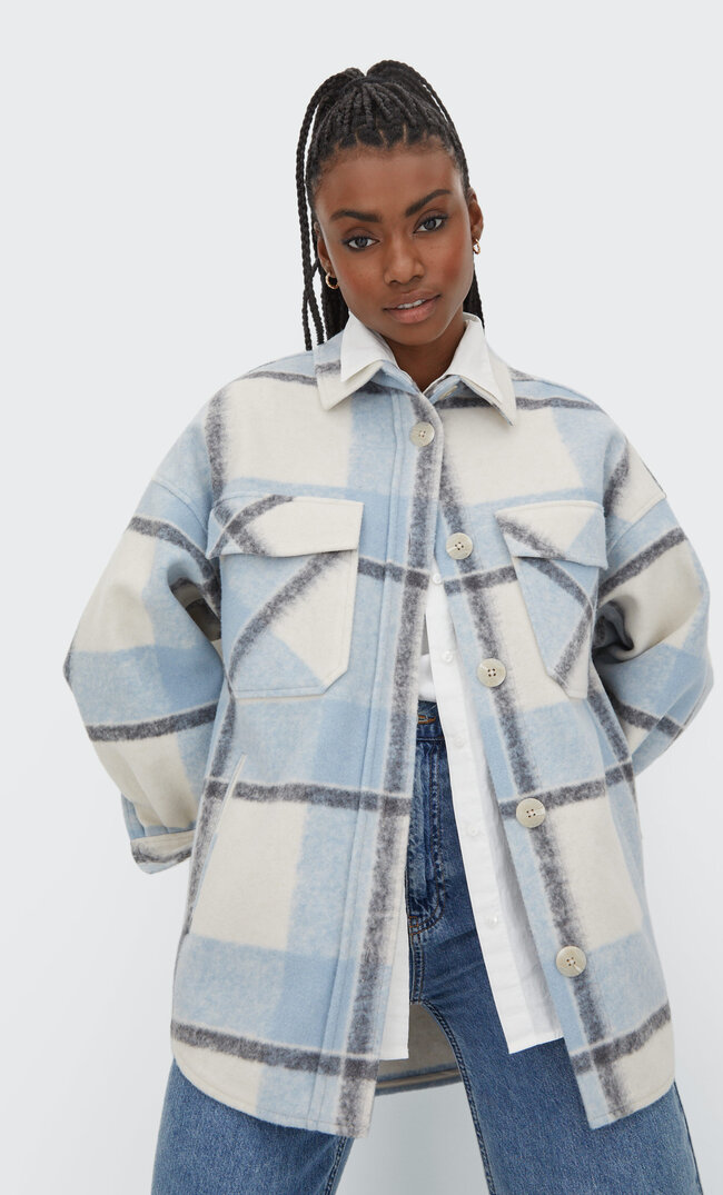 Stradivarius Checked Overshirt Sky Blue S