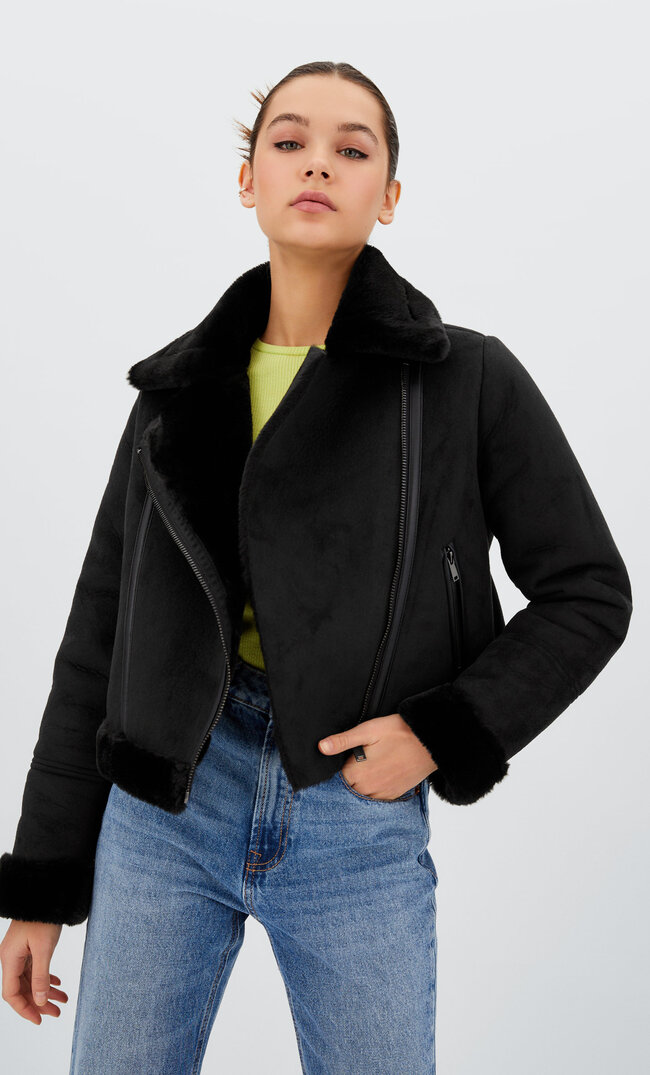 Stradivarius Cropped Double-Faced Biker Jacket Black M