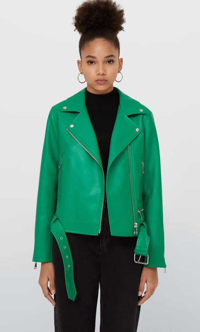 Stradivarius Kunstlederjacke Im Bikerlook Mit Gürtel Grün Xs