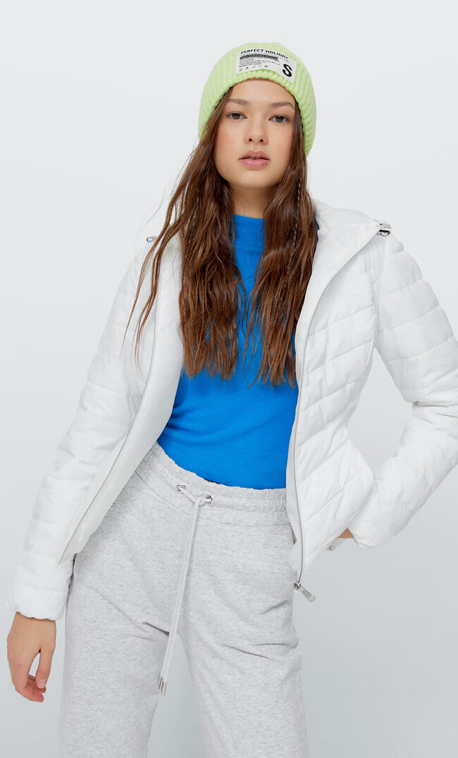 Stradivarius Hooded Puffer Jacket White S