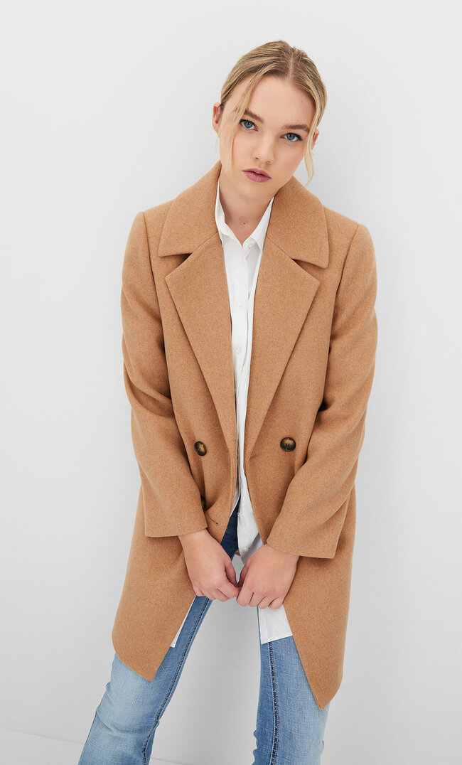 Stradivarius Double-Breasted Buttoned Coat Beige M