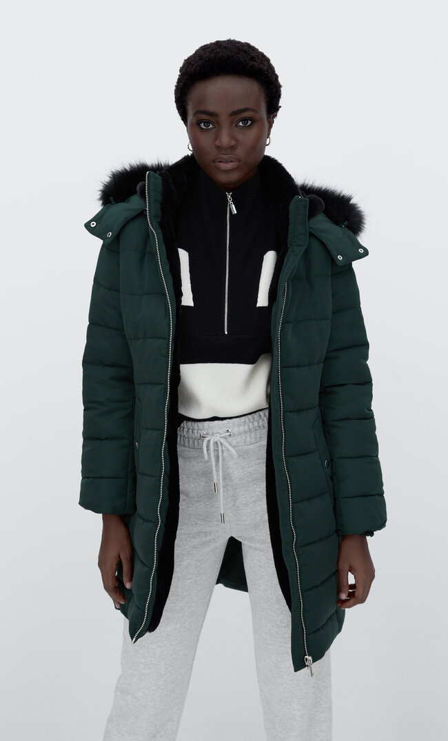 Stradivarius Fitted Puffer Coat With Hood Bottle Green L