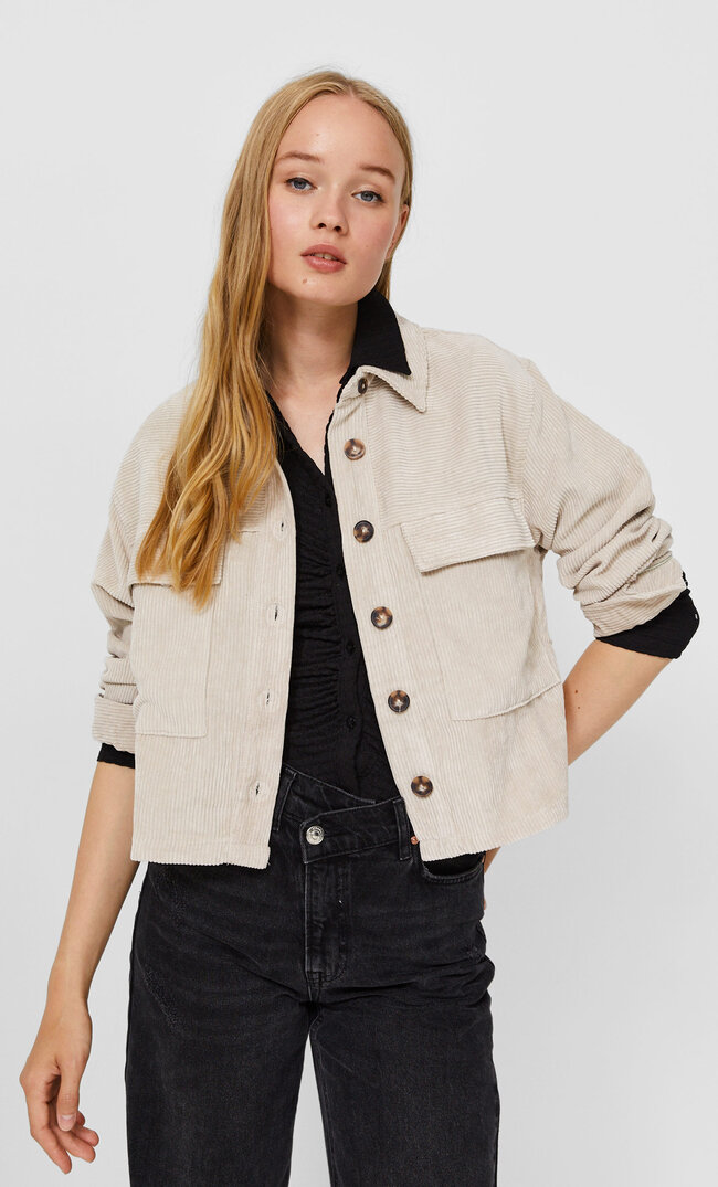 Stradivarius Kurze Hemdjacke Aus Cord Steingrau L