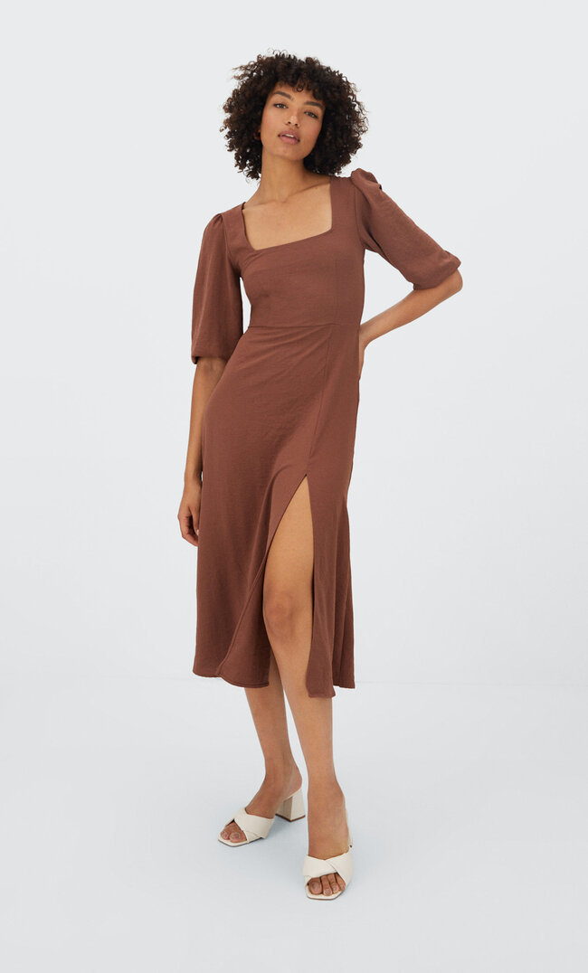 Stradivarius Midi Dress With Buttoned Back Brown L