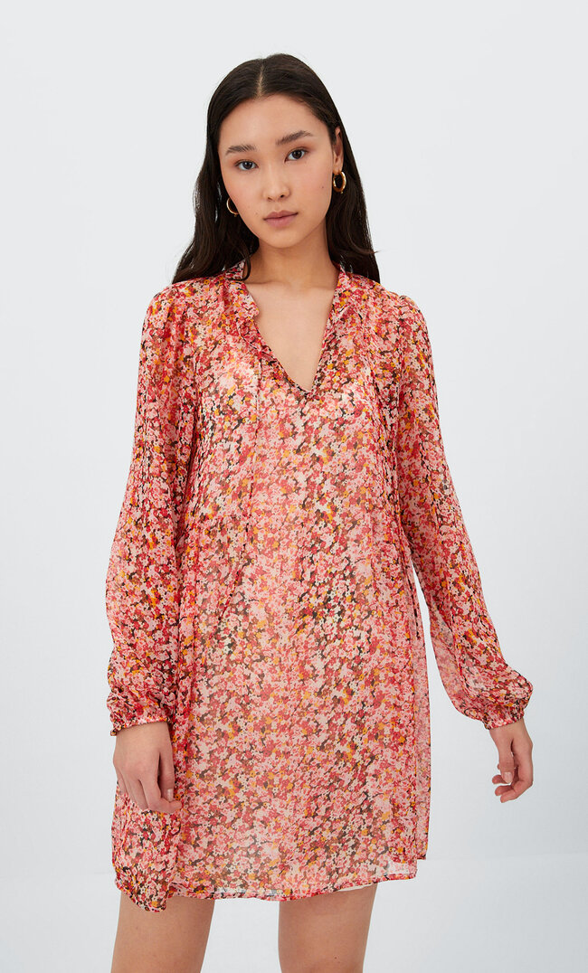 Stradivarius Krótka Wzorzysta Sukienka W Stylu Boho Brązowy Xl