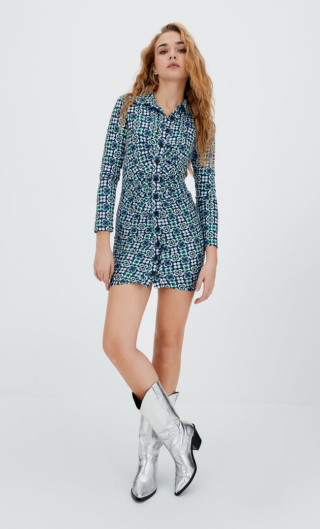 Stradivarius Polo Dress With Printed And Gathered Detail Turquoise S