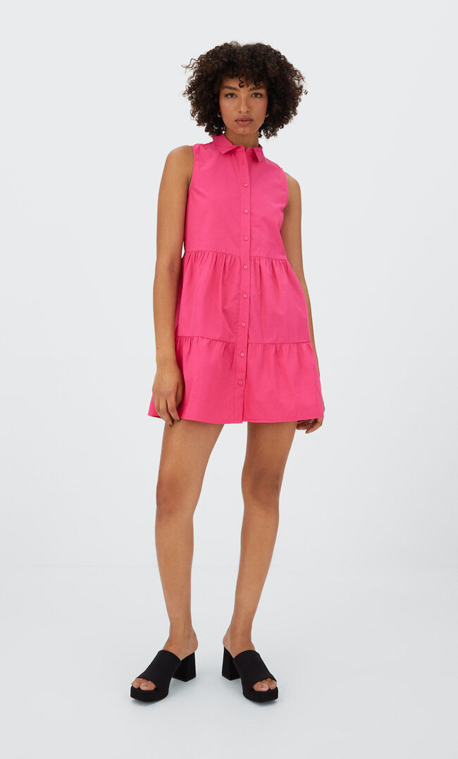 Stradivarius Poplin Shirt Dress Fuchsia S