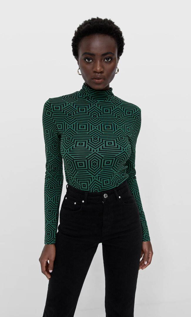 Stradivarius Printed Turtleneck Bottle Green L