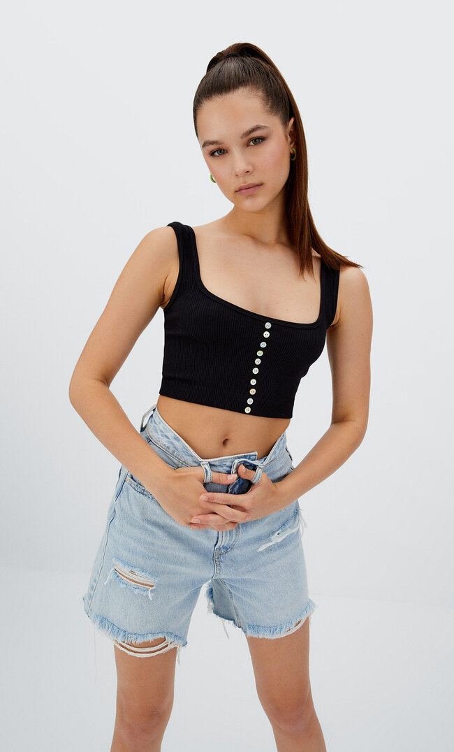 Stradivarius Bezszwowy Top Z Guzikami Czarny L