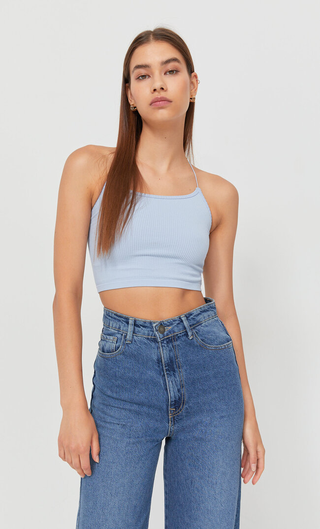 Stradivarius Seamless Top With Embellished Back Sky Blue Xl