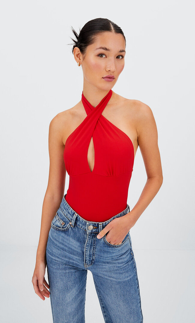 Stradivarius Bodysuit With Crossover Neckline Red M