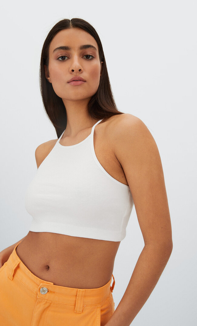 Stradivarius Geripptes Neckholder-Top Weiß M