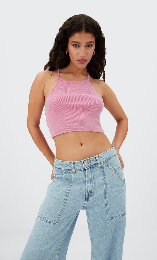 Stradivarius Prążkowany Top Z Dekoltem Halter Cukierkowy Róż L