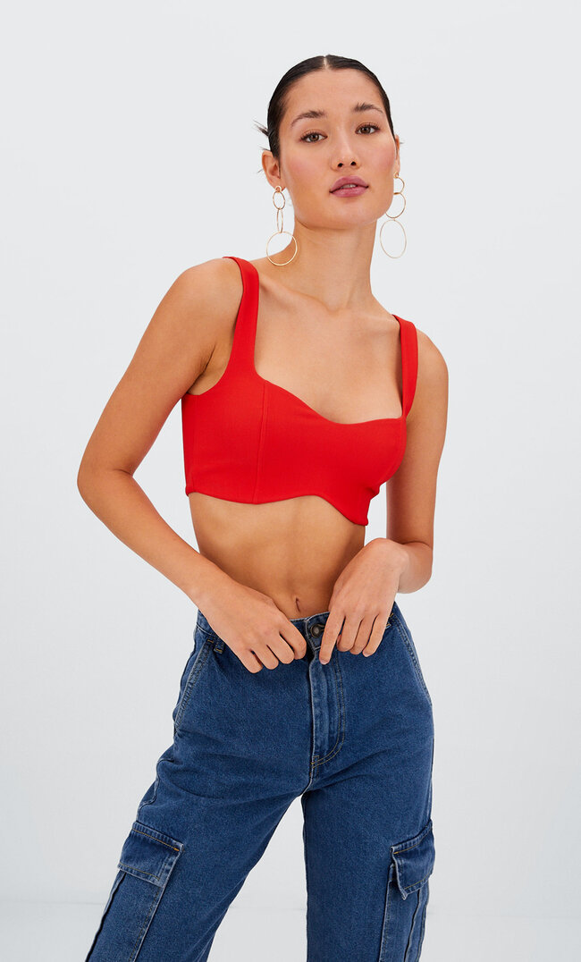 Stradivarius Top Z Przeszyciami Czerwony Xs