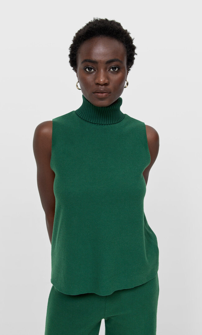 Stradivarius Sleeveless High Neck Top Bottle Green M