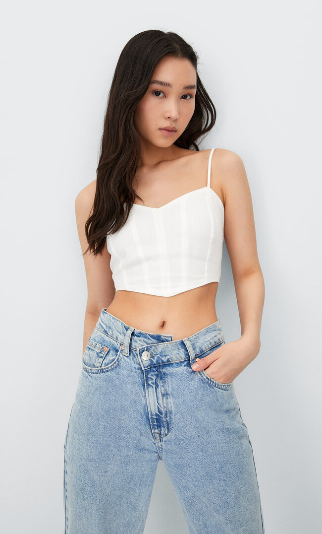 Stradivarius Bustier-Top Mit V-Ausschnitt Und Corsage Weiß M