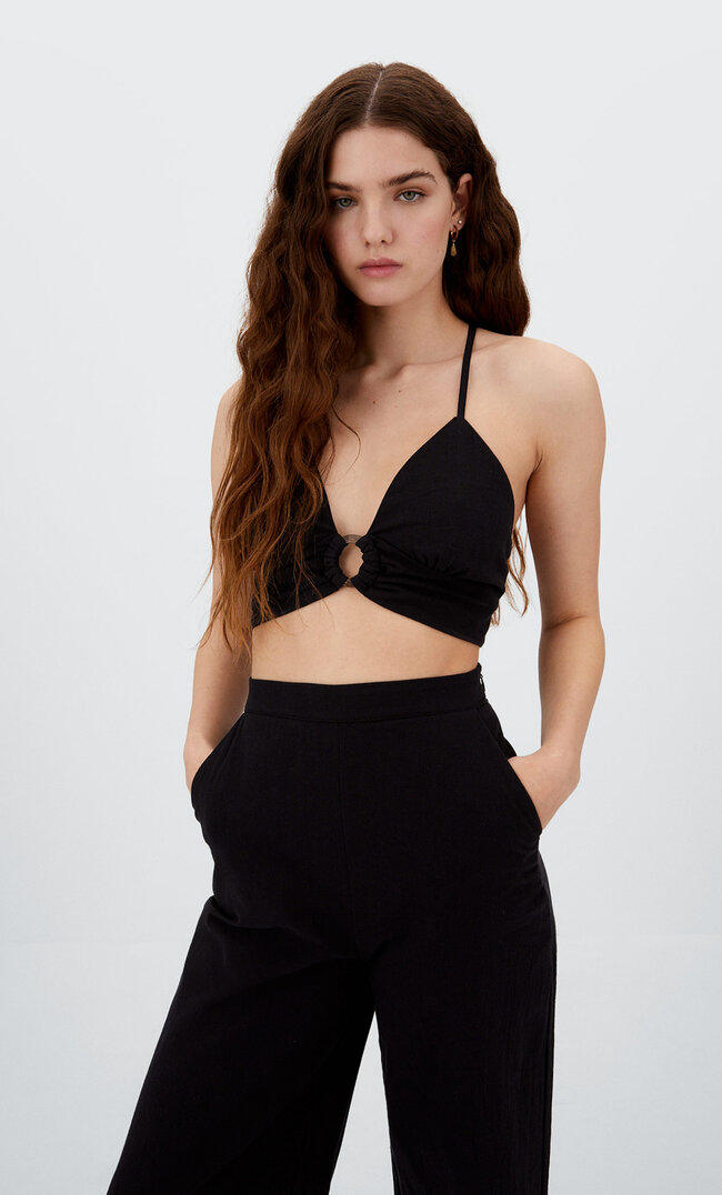 Stradivarius Top W Rustykalnym Stylu Czarny L