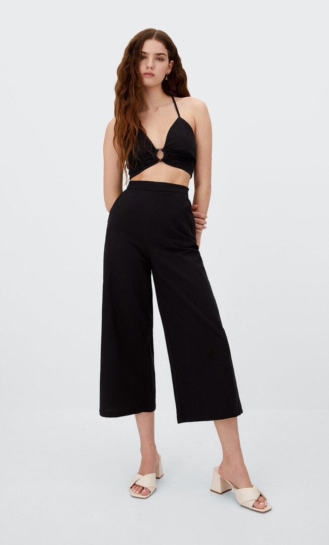 Stradivarius Rustykalne Spodnie Culotte Czarny S