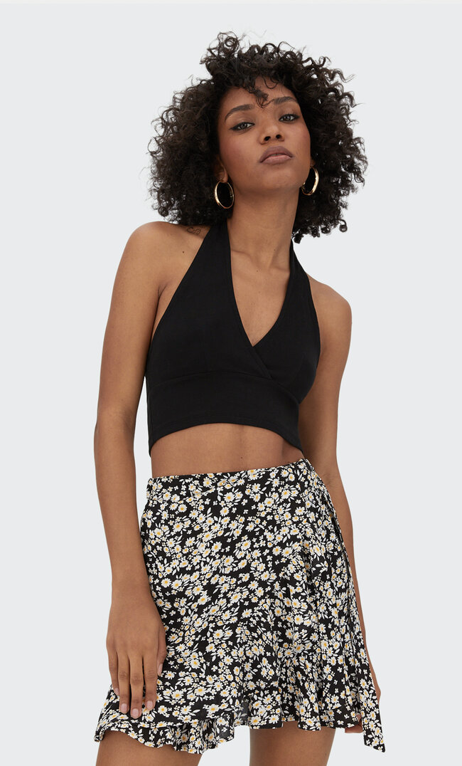 Stradivarius Printed Wrap Skirt Black Xl