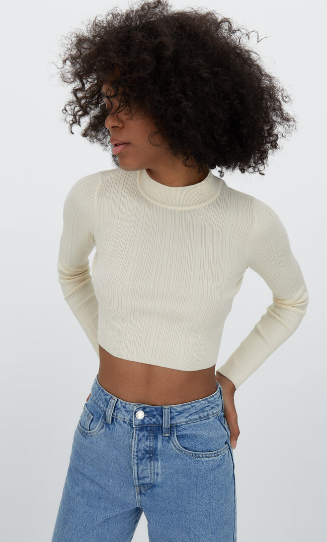 Stradivarius Ribbed Knit Sweater Stone S