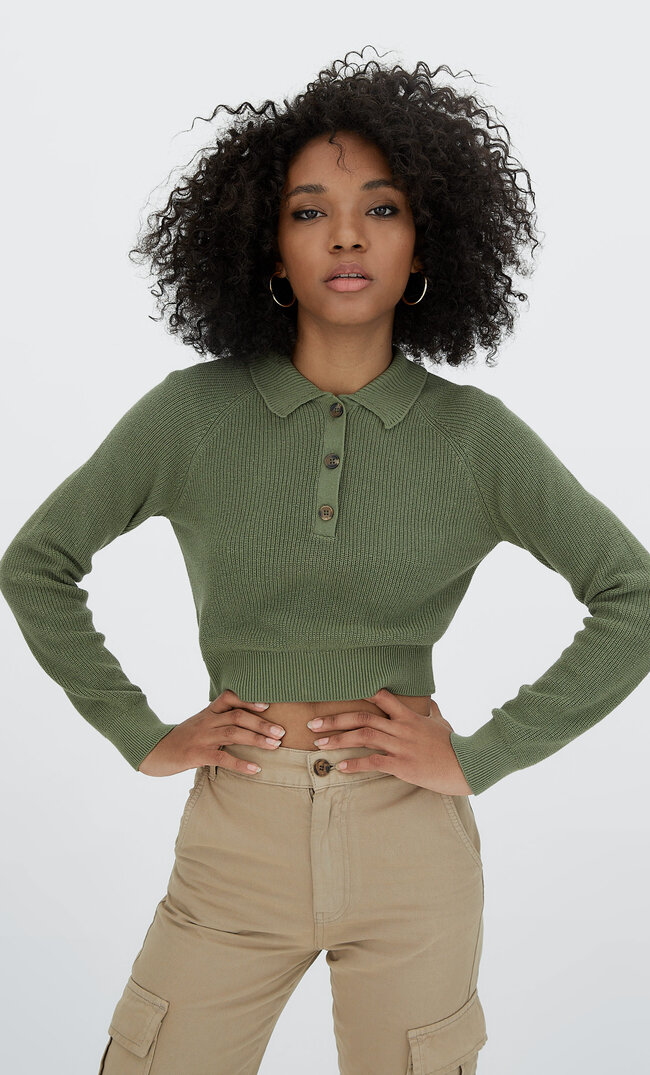 Stradivarius Dzianinowy Sweter Z Kołnierzykiem Polo Khaki Xl